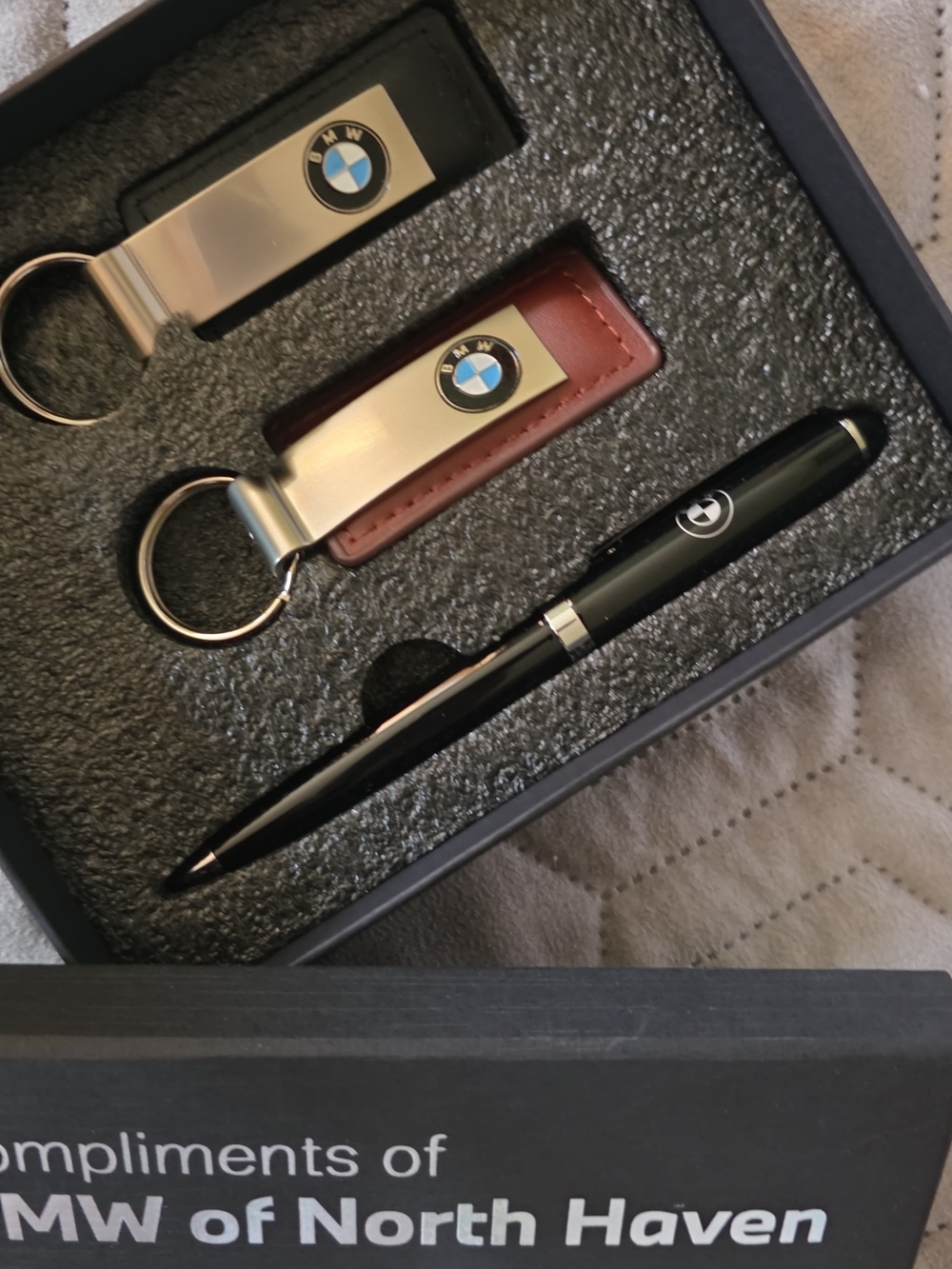 BMW Black Pen with Metal and Brown Leather Keychains Gift Set